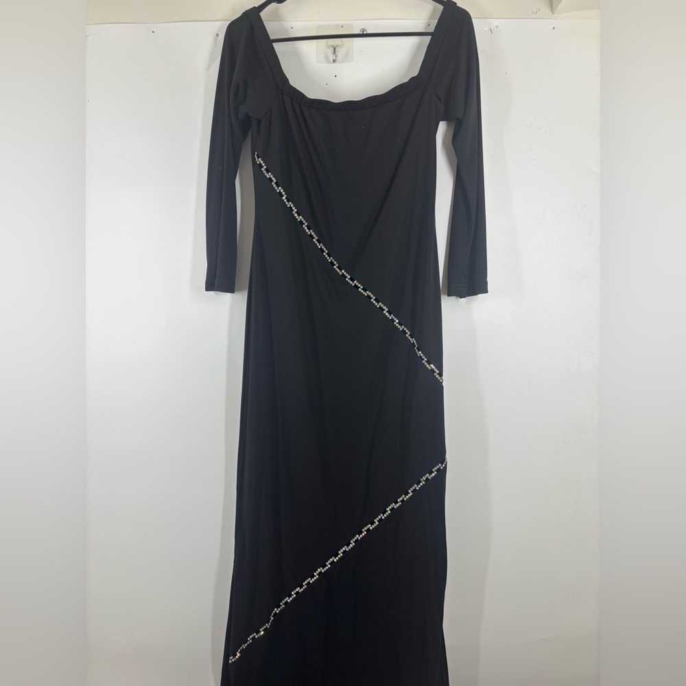 NWOT Odette Christiane Rhinestone Cutout Maxi Off‎ Shoulder Y2K Dress Black L